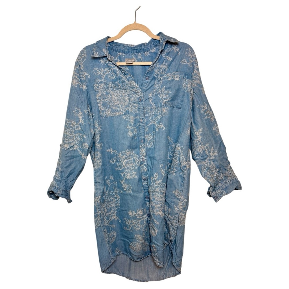 Chico’s Blue Floral Chambray Shirt Dress Coastal Button Front Size 1 (Medium)